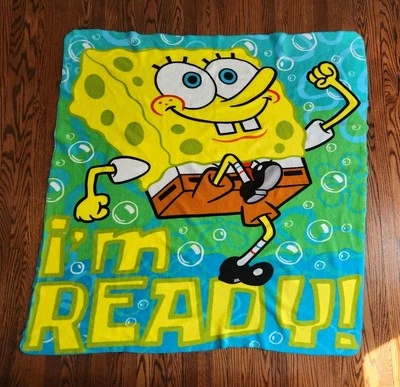 Spongebob Squarepants "I'm Ready!" Soft Fleece Blanket 58 x 48" Viacom 2003 MINT - Image 1 of 4