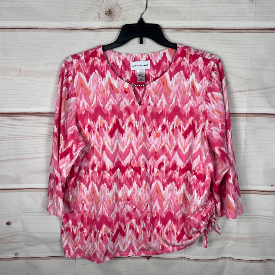 Alfred Dunner Top Womens XL Pink Zig Zag Print T-Shirt Keyhole Neck Ruched Knit - Image 1 of 4
