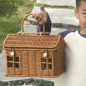 Gift Basket Rattan Woven Storage Basket Rustic Portable Handwoven with Lid - Picture 1 of 7