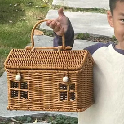 Gift Basket Rattan Woven Storage Basket Rustic Portable Handwoven with Lid - Image 1 of 4