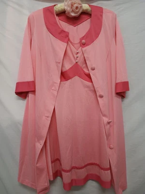 VTG 60s MOD Shadowline 2pc set gown robe mini pink nylon empire wst Petite EXC - Image 1 of 4