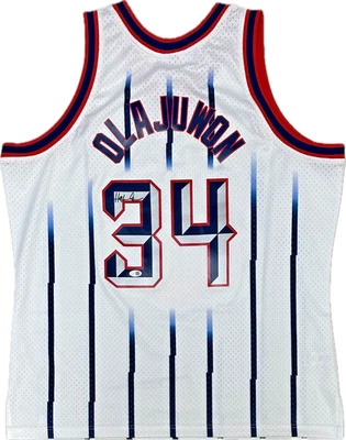 Hakeem Olajuwon Signed 96-97 Hardwood Classics Mitchell & Ness White Jersey JSA - Image 1 of 4