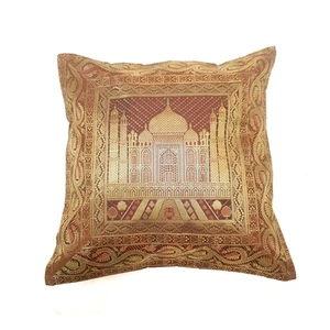 17x17 Inch Cushion Cover Taj Mahal Woven Zari Brocade Brown Banarasi Silk Decor - Picture 1 of 8