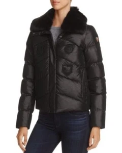 NWT Women's POST CARD Glitz Patch Fur Trim Short Down Coat, Size 42, Small, Bl - Picture 1 of 10