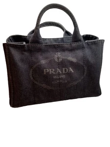 PRADA Medium Canapa Black Denim Tote with Triangle Logo with CoA Pre-Loved - Picture 1 of 16
