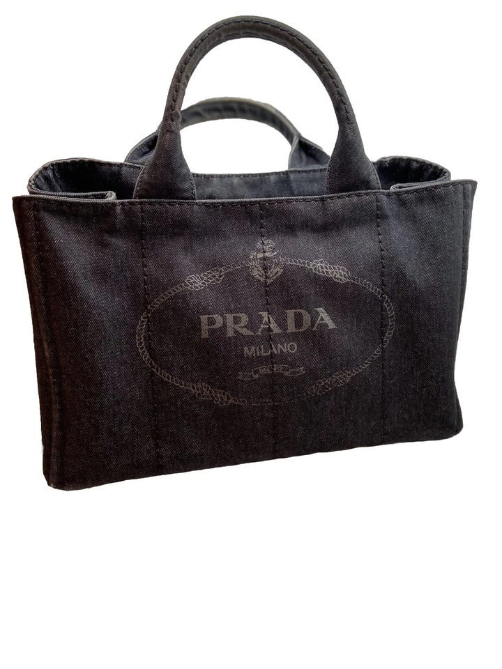 PRADA Medium Canapa Black Denim Tote with Triangle Logo with CoA Pre-Loved - Image 1 of 4