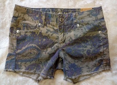 American Eagle Corduroy Shorts Women's Size 0 Gray Purple Paisley Frayed Hem NWT - Image 1 of 4