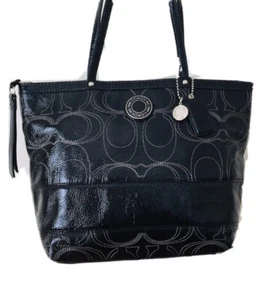 Coach Poppy Signature C Stitch Embroidered Black Patent Leather Tote Bag HandBag - Picture 1 of 4