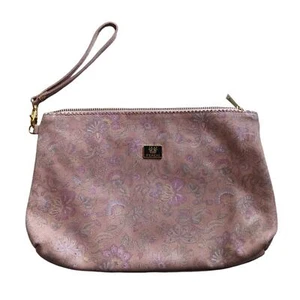Ferchi Cosmetic Travel Bag Floral Spain Genuine Leather Metallic Pink Wristlet - Picture 1 of 5