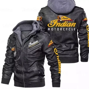New Men's Indian Motorcycle Hoodie Black genuine Cowhide Leather Biker Jacket - Picture 1 of 2