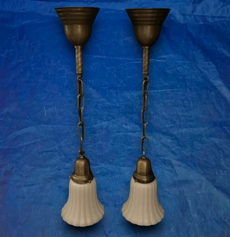 Pair Brass Pendant Light Fixtures With Milk White Shades 25” long rewired 123A Cover