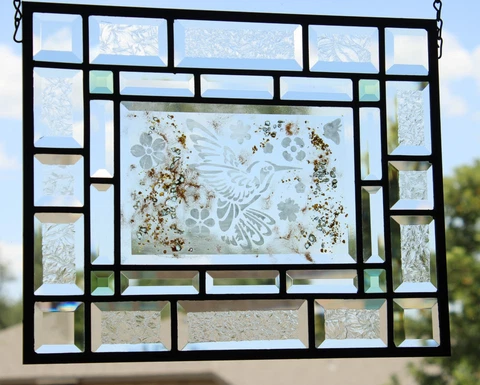 Hummingbird  fused leaded glass window panel, Beveled  15 1/2x12 1/2" Cover