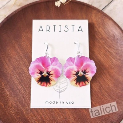 Artista Earrings Pink and Yellow Single Pansy Flower Cute Lightweight Unique Fun - Image 1 of 4