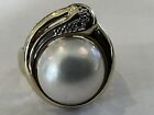 Stunning Heavy 9Ct Gold Pearl & Diamond Ring Size N 1/2 8.64 Grams