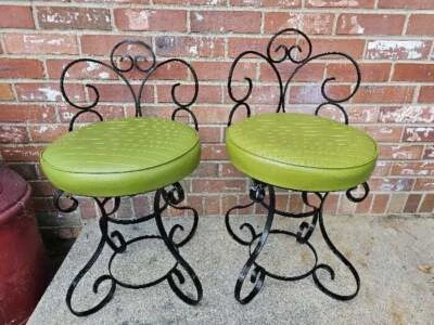 Vintage Wrought Iron Vanity Chairs Set Of 2 Green Vinyl Seats - Image 1 of 4