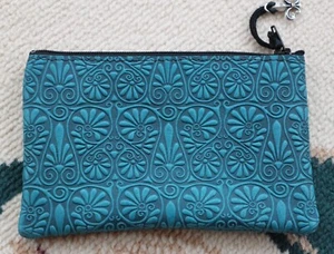 Oberon Design Leather Zipper Pouch - FAN FLOWER in BLUE - NEW - Picture 1 of 6