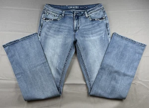 Grace in LA Jeans Womens 31 Blue Denim Aztec Modify Faux Flap Mid Rise Bootcut - Picture 1 of 10