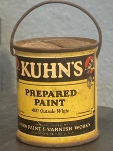 KUHN'S Advertising Paint Can Coin Savings Bank Coon Vintage Houston Texas 2" HTF - Picture 1 of 4