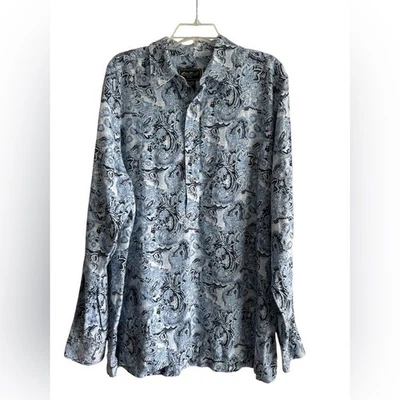 Meio botão Eddie Bauer masculino mistura de linho algodão azul estampa Paisley. Tamanho alto L - Imagem 1 de 4