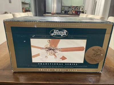 Vintage Hunter Original Ceiling Fan 52 In Bright Brass Walnut / Oak Finish New ! - Image 1 of 4