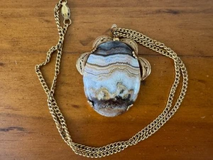 Vintage HUGE Crazy Lace Agate Pendant 12k Gold Filled Necklace 10k Filled Chain - Picture 1 of 9
