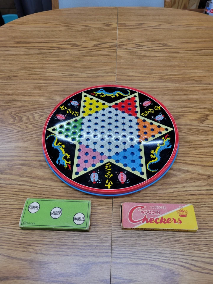 Vintage Chinese Checker Game Round Metal Tin Round Board  With Checkers, Marbles - Image 1 of 4