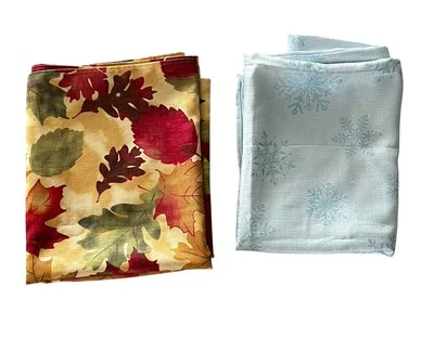 Lot of 2 Fall/Winter Woven Fabric Tablecloth Metallic Snowflake Autumn Leaves - Image 1 of 4