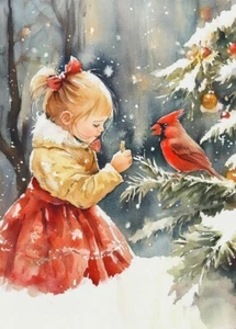 PRINT ACEO Art Card Girl Home Christmas Tree Winter Cardinal Limited Edition - Picture 1 of 1