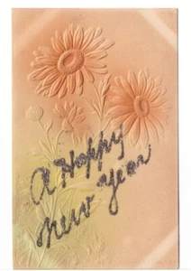 A Happy New Year, Flowers, Airbrushed, Vintage 1908 Embossed Glitter Postcard - Picture 1 of 2