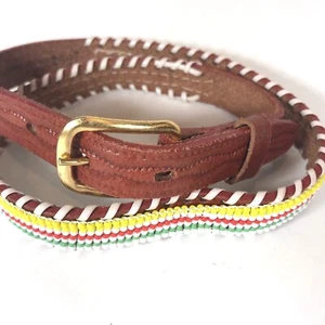 Kids Belt Hand Beaded Laced Cowhide Leather Metal Buckle 26.5"L Size 6 - Picture 1 of 6