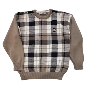 JOHN ASHFORD GOLF Men's Crew Neck Sweater Medium Plaid Tan Preppy Golfer - Picture 1 of 14