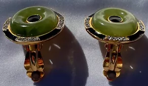 KENNETH LANE VINTAGE ART DECO GREEN FAUX JADE BLACK ENAMEL CRYSTAL CLIP EARRINGS - Picture 1 of 13
