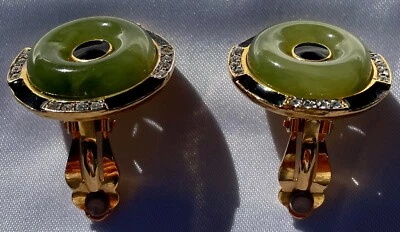 PENDIENTES CLIP CRISTAL ESMALTE NEGRO JADE IMITACIÓN VERDE ART DECO VINTAGE KENNETH LANE Foto 1 de 4