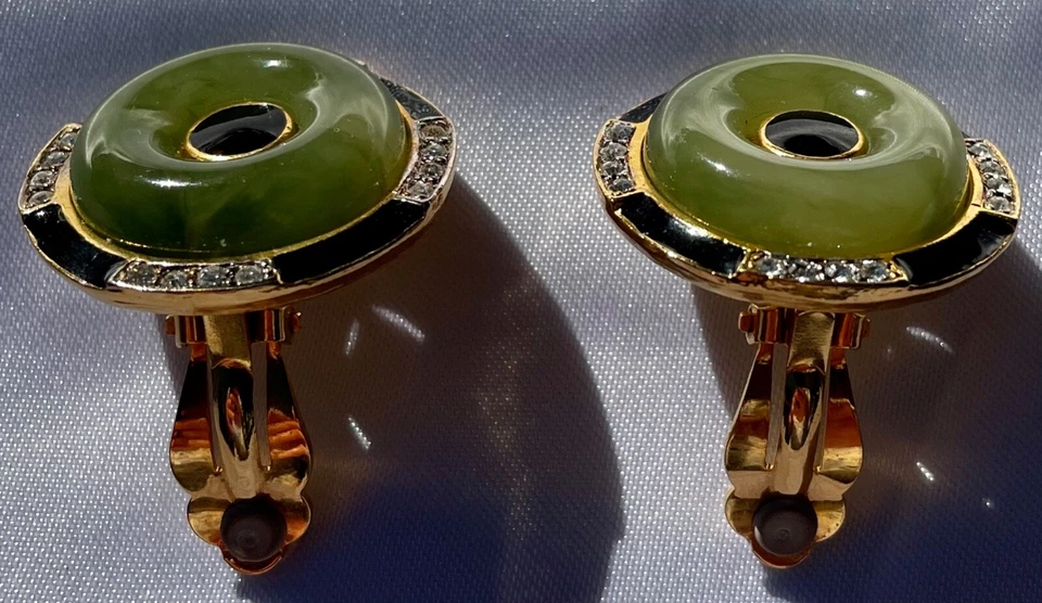 PENDIENTES CLIP CRISTAL ESMALTE NEGRO JADE IMITACIÓN VERDE ART DECO VINTAGE KENNETH LANE Foto 1 de 4