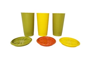 Vintage Set Of  3Tupperware Harvest Tumblers Cups W/ Coasters - Picture 1 of 6