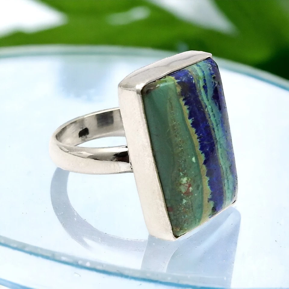 Naturale Azzurrite Malachite Pietra 925 Argento Misura Anello 7 Natale Regalo - Immagine 1 di 4