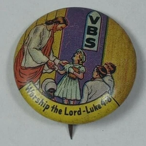c1960s Vacation Bible School Jesus Christian VBS Luke 4:8 Vtg Pinback Button 60s - Picture 1 of 3