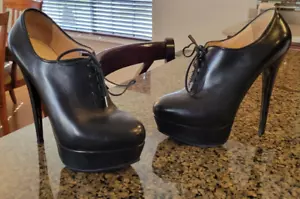 WOMEN'S NANDO MUZI BLACK LEATHER LACE UP HEELS PLATFORM SHOES ITALY SEXY RARE 7 - Picture 1 of 9