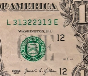 Número de serie elegante serie de billetes de $1 2021~31322313~ ((radar completo/trinario/4 pares)) - Imagen 1 de 3