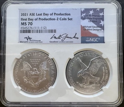 2021 ASE 2 Conjunto de Moedas NGC MS70 Mercanti Gaudioso ASSINADO Primeiro/Último Dia do Produto - Imagem 1 de 4