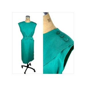 1980s green linen dress with shoulder buttons and pockets by Leslie Fay Size L - Picture 1 of 8