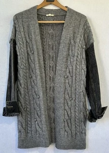 Mystree Denim Bobble Head Cardigan Long Gray Sweater BOHO Sz S - Picture 1 of 5