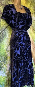VTG East Silk/viscose Floral Velvet Bias Cut Long Dress Suit Midnight Blue VGC - Picture 1 of 19