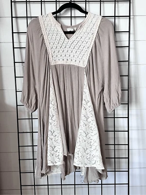 Umgee USA Dress Womens M Tan Cream Boho Hippie Festival Lace Tunic Babydoll Line - Image 1 of 4
