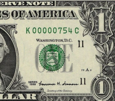 1999 $1 Federal Reserve Note Low 3 digit Serial Number Dallas K00000754C PMG65 - Image 1 of 4