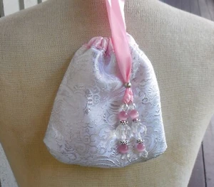 Reversible Rose Pink Rosebud Satin Silver Brocade Drawstring Runes Bag Purse - Picture 1 of 9