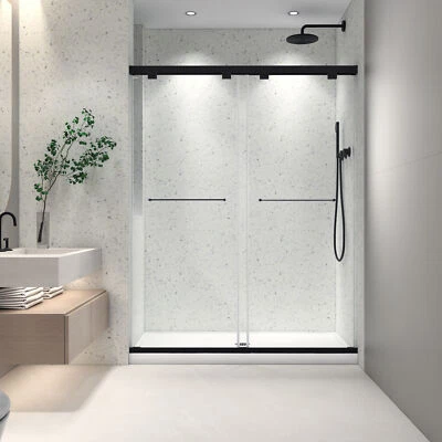 Puerta de ducha doble corredera sin marco 60"x76" vidrio templado baño negro mate Foto 1 de 4