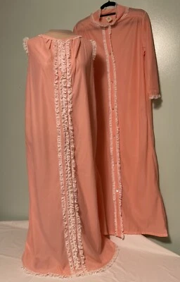 Vintage 60s Long Pink Nightgown & Robe  Size S M Lace Trim  Union Made USA - Image 1 of 4