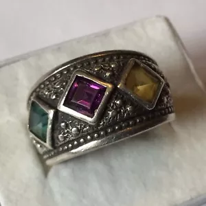 VINTAGE STERLING SILVER AMETHYST TOPAZ AND AQUA STONE RING SIZE 7 - Picture 1 of 3