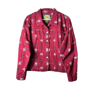 Cabela's (Size L) Red Western Floral Paisley Denim Jacket Buttons Pockets - Picture 1 of 8